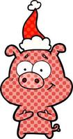felice illustrazione in stile fumetto di un maiale che indossa il cappello di Babbo Natale vettore