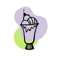 linea di coppe gelato. coppa di gelato con tre palline con ciliegia con macchie verdi e viola su sfondo bianco. simpatici scarabocchi di gelato. illustrazione vettoriale disegnata a mano.