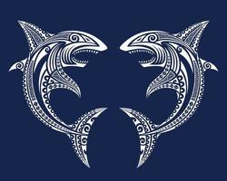 squalo illustrazione stile maori. ornamento bianco su sfondo blu. vettore