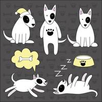 set di simpatici cani divertenti della razza bull terrier. il cane dorme, corre, si siede. diverse pose dell'animale domestico. illustrazione vettoriale in stile doodle