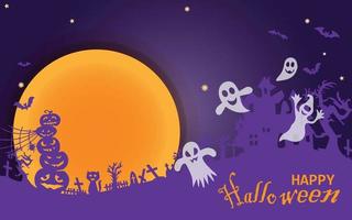banner di vendita di halloween orizzontale. banner promozionale per le vacanze con fantasma volante, fantasma, ragno nero e pipistrello, zucca spaventosa, zigzag e coriandoli su sfondo arancione, illustrazione vettoriale. vettore