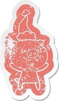 adesivo in difficoltà cartone animato felice di un maiale che indossa il cappello di Babbo Natale vettore