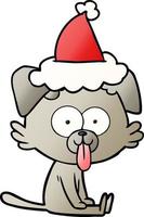 cartone animato sfumato di un cane seduto con la lingua che sporge indossando il cappello di Babbo Natale vettore