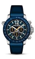 orologio realistico orologio cronografo acciaio inossidabile quadrante blu cinturino in pelle freccia gialla su design bianco classico lusso moda per uomo vettore