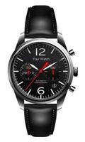 orologio da polso realistico cronografo grigio acciaio pelle nera freccia rossa su sfondo bianco design vettore di lusso