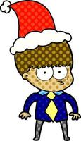 illustrazione in stile fumetto nervoso di un ragazzo che indossa camicia e cravatta che indossa un cappello da Babbo Natale vettore