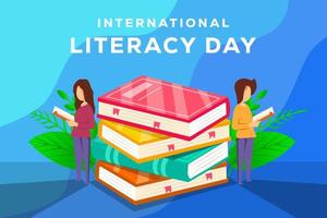 banner piatto della giornata internazionale dell'alfabetizzazione con libri e persone che leggono un libro vettore