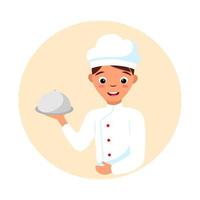 vettore sorridente uomo cuoco shef. illustrazione concettuale del fumetto isolata su fondo bianco con il carattere sveglio del ragazzo. design del logo di cucina ristorante o bar.