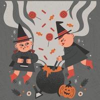 illustrazione di halloween disegnata a mano di simpatiche streghe che volano con caramelle vettore