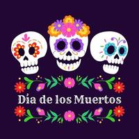 carta del giorno dei morti con testo in spagnolo. teschi di zucchero messicano con decorazioni floreali. illustrazione vettoriale. vettore