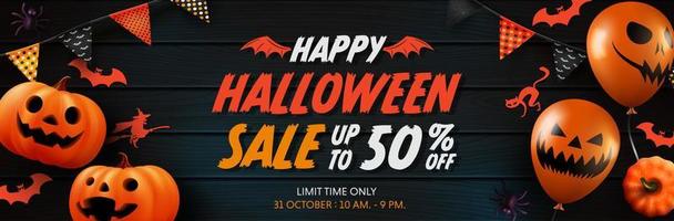 poster o banner di promozione di vendita di halloween con palloncini fantasma di halloween e zucca. mongolfiere spaventose, elementi di pipistrello e halloween. sito web spettrale, sfondo o banner modello di halloween. vettore