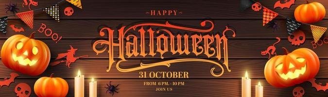 vettore di poster o banner di halloween con zucca di halloween, fantasma, lume di candela, buntings ed elementi di halloween. sito web spettrale, sfondo o banner modello di halloween.