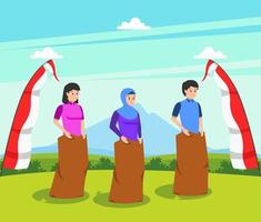 giochi tradizionali indonesiani durante il giorno dell'indipendenza, traduzione di balap karung, corsa ai sacchi. celebrazione della libertà vettore