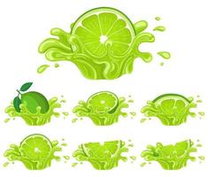 set di spruzzi di succo di lime fresco e luminoso scoppiato isolato su sfondo bianco. succo di frutta estivo. stile cartone animato. illustrazione vettoriale per qualsiasi disegno.