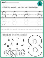 attività dei numeri di tracciamento. traccia il gioco educativo per bambini numero 8, foglio di lavoro stampabile vettore