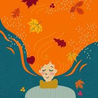 ragazza autunnale con foglie tra i capelli, sognante e hygge. illustrazione vettoriale in stile doodle