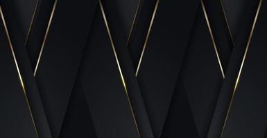 Modello di banner di lusso moderno 3d con motivo a strisce diagonali nere con linee dorate che accendono scintille su sfondo scuro vettore