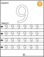 pagine di tracciamento di numeri di scrittura a mano per scrivere numeri di apprendimento di numeri, foglio di lavoro di tracciamento di numeri per la scuola materna vettore