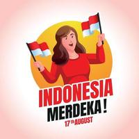 una donna che tiene una bandiera indonesiana che celebra il giorno dell'indipendenza indonesiana vettore