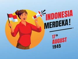 una donna che tiene una bandiera dell'Indonesia che celebra il giorno dell'indipendenza dell'Indonesia vettore