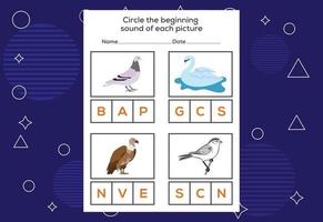 cerchia il suono iniziale di ogni uccello. gioco educativo per bambini vettore