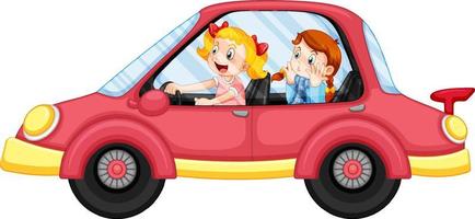 bambini in una macchina rossa in stile cartone animato vettore