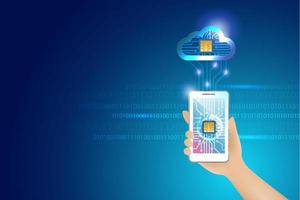 smartphone da tenere in mano con microchip online connettersi al server di cloud computing. servizio di cloud storage digitale con trasmissione dati, tecnologia di connessione alla rete. archiviazione dati di intelligence futuristica vettore