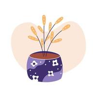 fiore e pianta di casa in elegante vaso di ceramica viola. illustrazione vettoriale piatta in colori alla moda, isolata su sfondo bianco.
