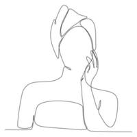 disegno a linea continua della donna che indossa un asciugamano sulla testa dopo l'illustrazione vettoriale della doccia