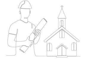 illustrazione di vettore della chiesa della costruzione dell'architetto maschio della linea continua