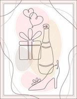 poster di matrimonio con cuori di disegno a linea singola, bottiglia di champagne, regalo, scarpa da sposa, forme pastello astratte strutturate. arte murale minimale. disegno al tratto. design artistico per la decorazione di nozze. vettore