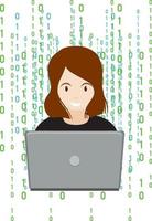 una donna che usa un laptop con codice binario vettore