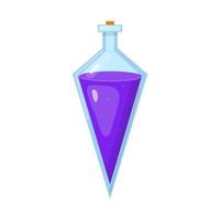 pozione magica in bottiglia con liquido viola isolato su sfondo bianco. elisir chimico o alchimico. illustrazione vettoriale per qualsiasi disegno.