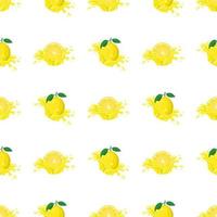 modello senza cuciture con spruzzata di succo di limone fresco e luminoso burst isolato su sfondo bianco. succo di frutta estivo. stile cartone animato. illustrazione vettoriale per qualsiasi disegno.