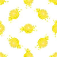 modello senza cuciture con spruzzata di succo di limone fresco e luminoso burst isolato su sfondo bianco. succo di frutta estivo. stile cartone animato. illustrazione vettoriale per qualsiasi disegno.