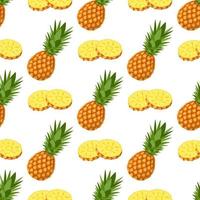 modello senza cuciture con frutta fresca di ananas a fette intere e tagliate con foglie su sfondo bianco. frutta estiva per uno stile di vita sano. frutta biologica. stile cartone animato. illustrazione vettoriale per qualsiasi disegno.