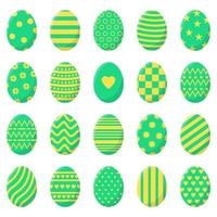 set di uova di Pasqua isolato su sfondo bianco. diverse uova colorate con strisce, punti, cuori e motivi. perfetto per biglietti di auguri, inviti. illustrazione vettoriale in design piatto.