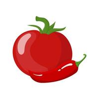 pomodoro rosso fresco e peperoncino isolato su sfondo bianco. icona vegetale per il mercato, il design della ricetta, il logo. cibo organico. stile cartone animato. illustrazione vettoriale per il design.