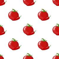 modello senza cuciture con pomodoro rosso fresco e peperoncino isolato su sfondo bianco. cibo organico. stile cartone animato. illustrazione vettoriale per design, web, carta da imballaggio, tessuto