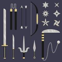 set di armi ninja. katana, sai, kunai, nunchacku, shuriken, kusarigama, arco e frecce. stile cartone animato. illustrazione vettoriale pulita e moderna per design, web.