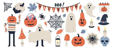 set vettoriale di testo scritto a mano halloween e simpatiche icone di halloween fantasmi, pipistrelli, zucca, caramelle di halloween, ragni. collezione doodle con decorazioni natalizie. divertente biglietto di auguri di halloween.