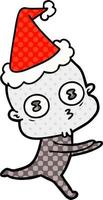 illustrazione in stile fumetto di uno strano astronauta calvo che corre indossando il cappello di Babbo Natale vettore