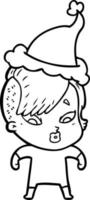 disegno a tratteggio di una ragazza sorpresa che indossa il cappello di Babbo Natale vettore