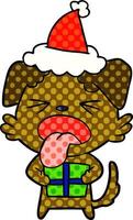 illustrazione in stile fumetto di un cane con regalo di Natale che indossa il cappello di Babbo Natale vettore