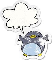 simpatico cartone animato pinguino che sbatte le ali e adesivo in difficoltà con il fumetto vettore