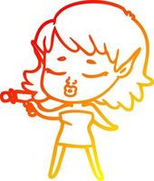una linea a gradiente caldo che disegna una ragazza aliena piuttosto cartone animato con pistola a raggi vettore