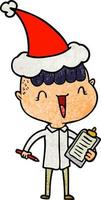 cartone animato testurizzato di un ragazzo felice sorpreso indossando il cappello di Babbo Natale vettore