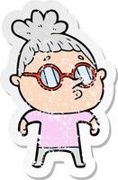 adesivo angosciato di una donna cartone animato con gli occhiali vettore