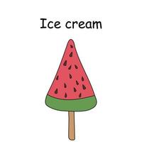 gelato all'anguria su un bastone, ghiaccio congelato, gelato vettoriale doodle illustrazione
