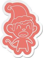 adesivo cartone animato urlante di una scimmia che indossa il cappello di Babbo Natale vettore